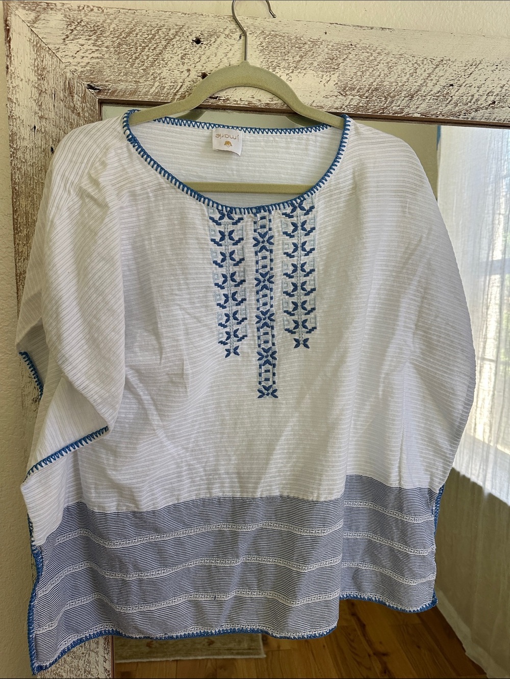 White Cotton Tunic with Blue Embroidery
